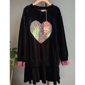 NWT Girls Ink Blue Velvet Dress with Sequin Heart Design